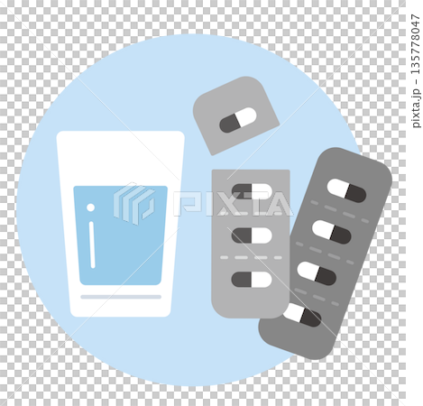 Medicine and cup. Tablets, medicine, oral medicine. Medicine and cup. Tablets, medicine, oral medicine. 135778047