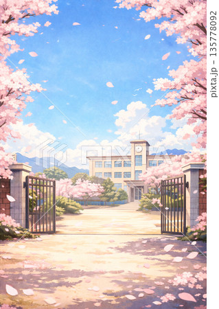 桜咲く春の学校の校舎と校庭 桜咲く春の学校の校舎と校庭 135778092