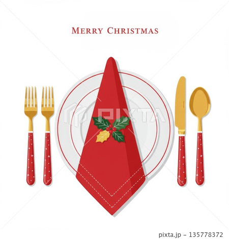 Elegant Christmas Table Setting with Red Napkin and Gold Cutlery 135778372