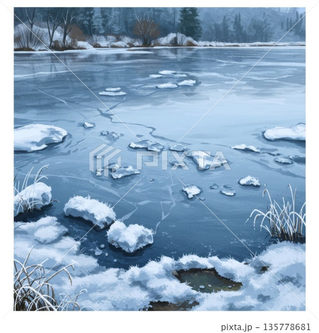 Frozen Lake Winter Landscape: Icy Blue Water and Snow 135778681