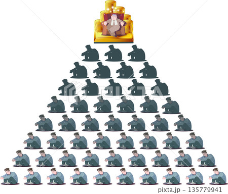 格差社会の構造を表すピラミッドと富を独占する資本家 135779941
