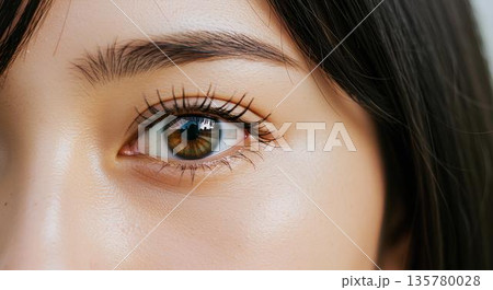 透き通るような瞳と長い睫毛が印象的な若い女性の目のアップ 透き通るような瞳と長い睫毛が印象的な若い女性の目のアップ 135780028