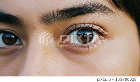 力強い眼差しと整った眉が印象的な若い男性の目のアップ 力強い眼差しと整った眉が印象的な若い男性の目のアップ 135780029