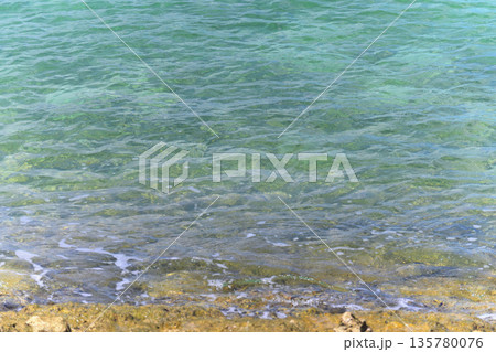 エメラルドグリーンの水面と透き通る海底の風景 135780076