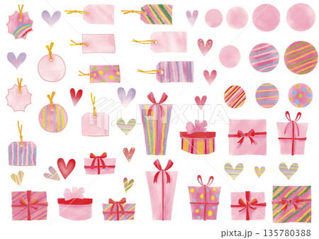 水彩風　ギフトボックス（リボン付き）とハートとタグフレームセット 135780388