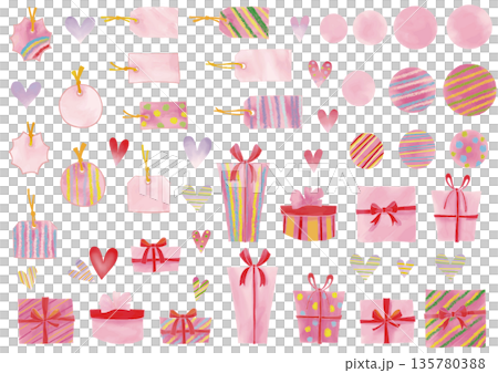 水彩風　ギフトボックス（リボン付き）とハートとタグフレームセット 135780388