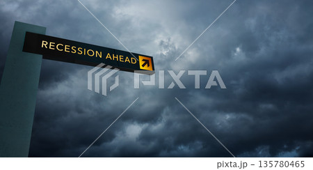 Road sign showing recession ahead against stormy sky. Concept of global recession Road sign showing recession ahead against stormy sky. Concept of global recession 135780465