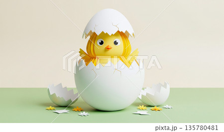 Adorable yellow chick hatching from a cracked white eggshell, surrounded by paper flowers Adorable yellow chick hatching from a cracked white eggshell, surrounded by paper flowers 135780481