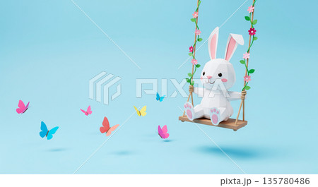 Cute polygonal bunny enjoying a swing ride surrounded by colorful butterflies on a bright blue background Cute polygonal bunny enjoying a swing ride surrounded by colorful butterflies on a bright blue background 135780486