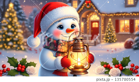 Charming snowman with lantern in snowy Christmas scene, festive holiday spirit 135780554