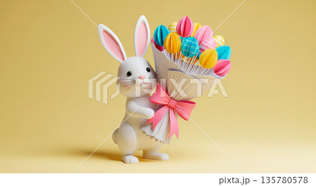 Cute cartoon Easter bunny holding a colorful bouquet of decorative eggs with a pink bow 135780578