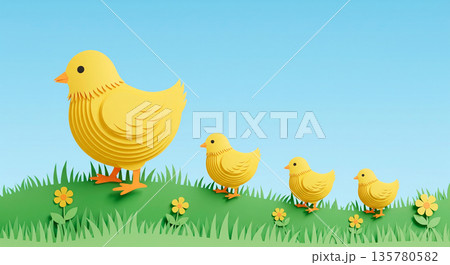 Cute paper chicks walking in a line on green grass with yellow flowers and blue sky 135780582