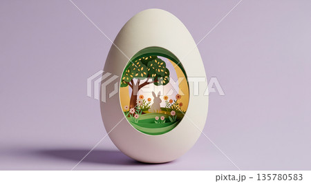 Whimsical Easter egg diorama with a bunny and tree, a charming spring scene 135780583