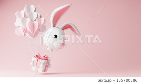 Whimsical white bunny character with heart balloons and gift box floats on pink background Whimsical white bunny character with heart balloons and gift box floats on pink background 135780586