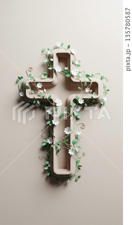 Elegant layered cross adorned with delicate white flowers and green vines 135780587