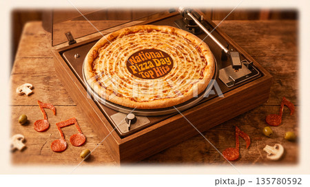 National Pizza Day Top Hits: A cheesy pizza spins on a vintage record player 135780592