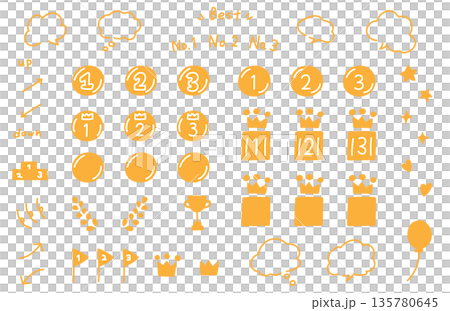 ゆるくてかわいい手書き感のあるランキングと吹き出しのイラスト素材セット ゆるくてかわいい手書き感のあるランキングと吹き出しのイラスト素材セット 135780645