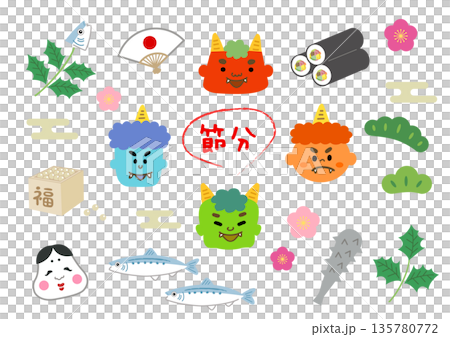節分素材のフラットイラストセット 節分素材のフラットイラストセット 135780772