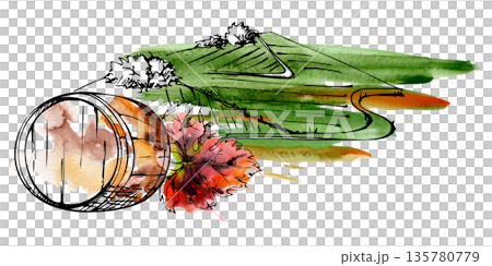 Hilly farmland with scattered fields in organic patchwork patterns, barrel and grape leaf closeup. Isolated watercolor and ink illustration for Europe and America wine regions tourism, eco-packaging 135780779