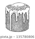 Traditional Easter cake with almond flakes and glazing in a vintage hand drawn style. Realistic vector illustration with texture. Perfect for card design. Ideal for festive decor and holiday food art. 135780806