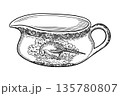 Vintage porcelain sauce boat with graceful pheasant motifs. Realistic hand drawn vector dinnerware with ornament. Perfect for outline card design. Ideal for elegant tableware decor and nostalgic art. 135780807
