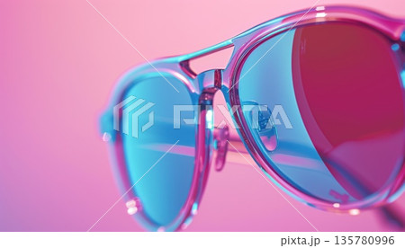 Close up of sunglasses on pink background, stylish eyewear accessory 135780996
