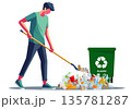 Man Cleaning Up Plastic Waste for Recycling Illustration 135781287