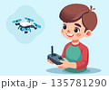Little Boy Playing with Drone Illustration 135781290