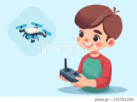 Little Boy Playing with Drone Illustration 135781290