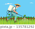 Illustration of a Farmer Spraying Pesticide or Fertilizer 135781292
