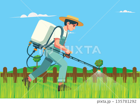 Illustration of a Farmer Spraying Pesticide or Fertilizer 135781292