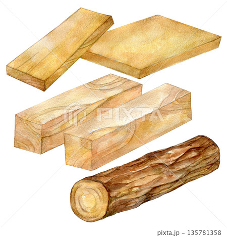 水彩イラスト 手描きイラスト さまざまな木材 水彩イラスト 手描きイラスト さまざまな木材 135781358
