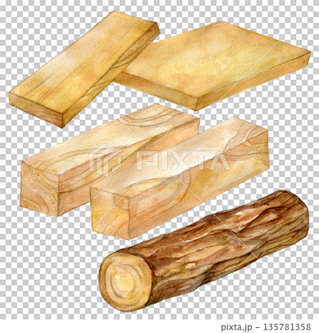 水彩イラスト 手描きイラスト さまざまな木材 水彩イラスト 手描きイラスト さまざまな木材 135781358