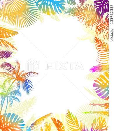 Multicolored palm leaf frame . Hand drawn. Not AI, vector illustration. Multicolored palm leaf frame . Hand drawn. Not AI, vector illustration. 135782338