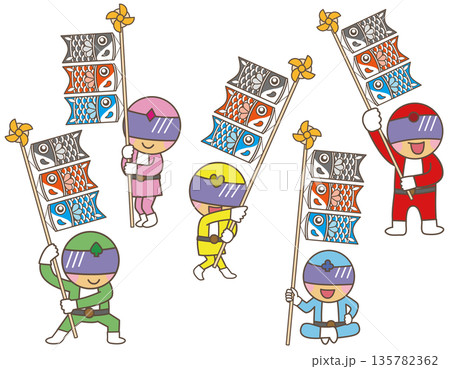こいのぼりを掲げるヒーロー風キャラクターイラスト|子どもの日・端午の節句素材 こいのぼりを掲げるヒーロー風キャラクターイラスト|子どもの日・端午の節句素材 135782362