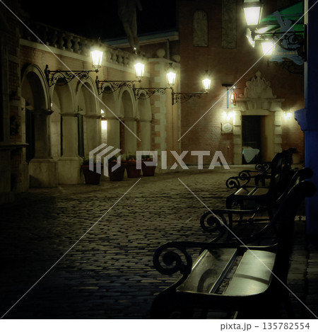 夜の街にあるベンチ 135782554