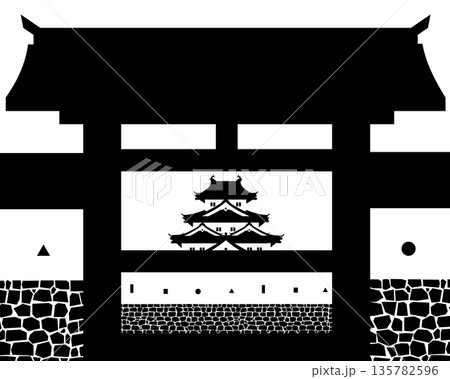 門から見える天守の白黒シルエット 135782596
