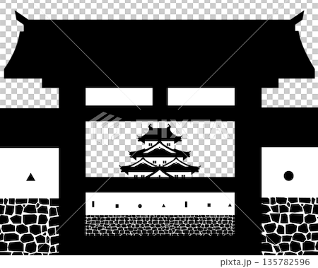 門から見える天守の白黒シルエット 135782596