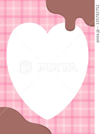 溶けたチョコレートとハートのフォトフレーム背景、ピンクのチェック柄A4縦 135782752