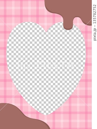 溶けたチョコレートとハートのフォトフレーム背景、ピンクのチェック柄A4縦 135782752