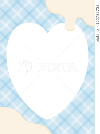 溶けたチョコレートとハートのフォトフレーム背景、水色の斜めチェック柄A4縦 135782753