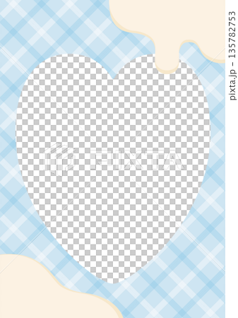 溶けたチョコレートとハートのフォトフレーム背景、水色の斜めチェック柄A4縦 135782753