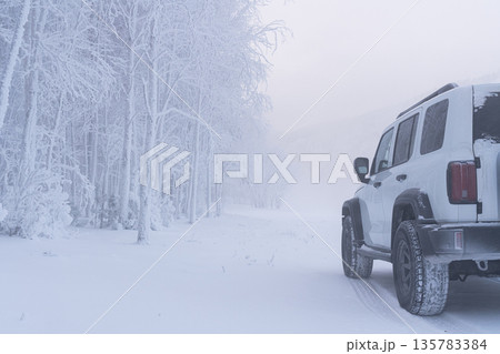 Snow-covered road with a white vehicle parked in a frozen forest during winter in a remote area at a cloudy time of day. High quality photo 135783384