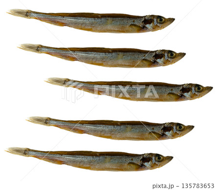 Cold smoked capelin fish, appetizer, on white background isolated Cold smoked capelin fish, appetizer, on white background isolated 135783653