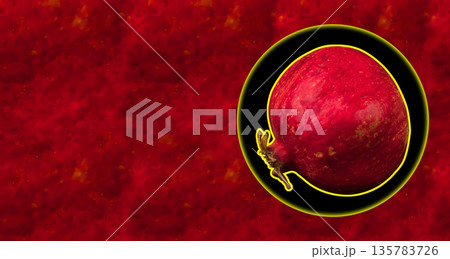 Ripe pomegranate, on a black background, place for text on a textural background of pomegranate peel, template under a banner 135783726