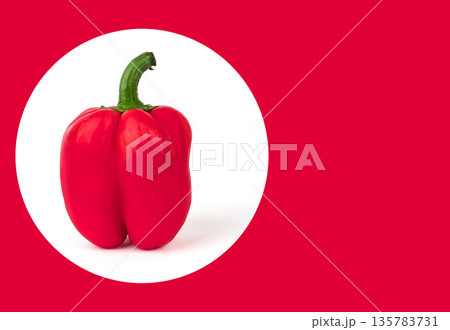 One whole bell pepper, red, on a white background, with a shadow, space for the text on a red background 135783731