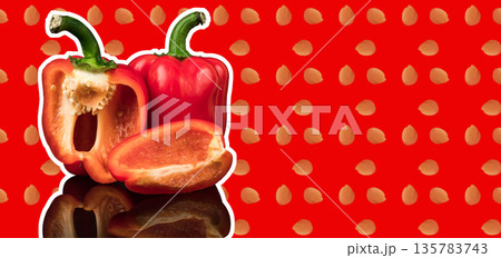 Sweet peppers, red, whole and cut into pieces, with reflection, under the text on a red background, template under the banner Sweet peppers, red, whole and cut into pieces, with reflection, under the text on a red background, template under the banner 135783743