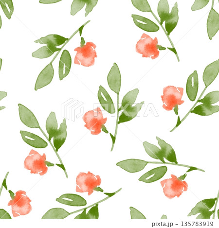 Hand drawn watercolor seamless pattern with small red flowers and green leaves on white background Hand drawn watercolor seamless pattern with small red flowers and green leaves on white background 135783919