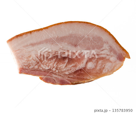 Thick piece of ready-made appetizing, smoked, pork lard with layers of meat on a white background in isolation 135783950