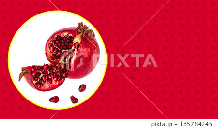 pomegranate cut into pieces and grain separately on a white background in isolation, a place for the text on a red background, a template under a banner 135784245